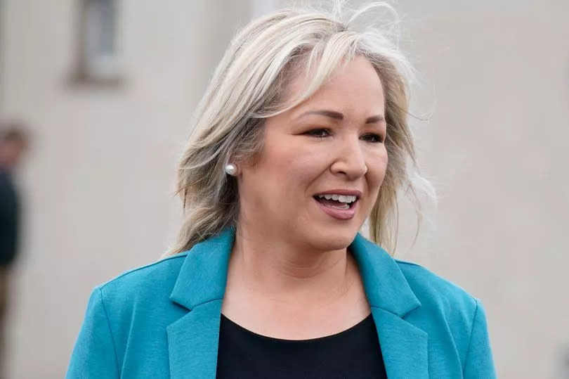 Sinn Fein Vice President Michelle O'Neill arrives to cast her vote in the 2024 General Election at St Patrick's Primary School in Coalisland