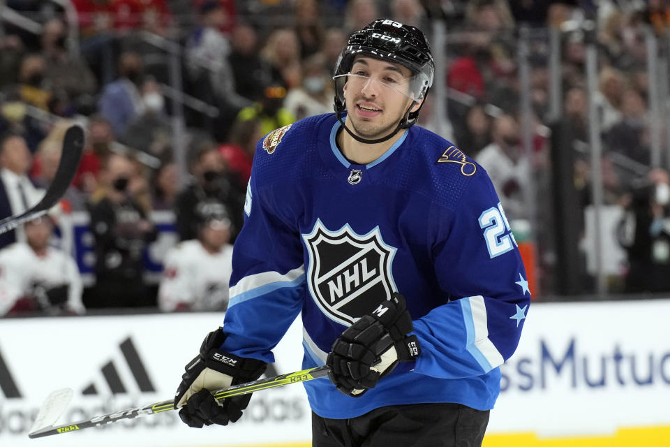 FILE - St. Louis Blues' Jordan Kyrou is shown during the NHL All-Star hockey game, Saturday, Feb. 5, 2022, in Las Vegas. The St. Louis Blues have signed forward Jordan Kyrou to an eight-year contract extension worth $65 million, the organization's latest move to keep its top young players in the fold long term. General manager Doug Armstrong announced the deal Tuesday, Sept. 13, 2022. (AP Photo/Rick Scuteri, File)