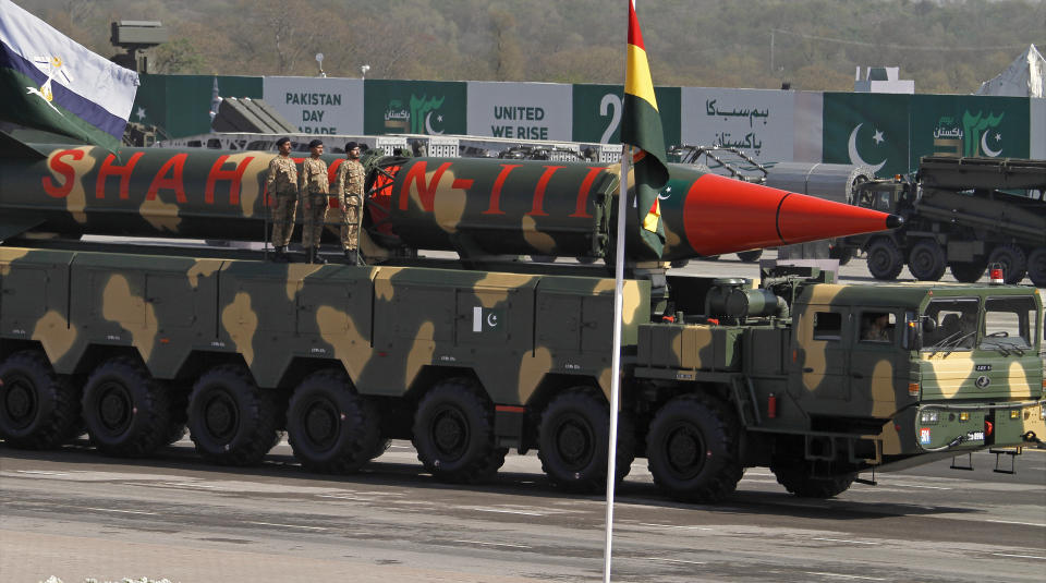 A Pakistani-made Shaheen-III missile, that is capable of carrying nuclear warheads, is on display during a military parade to mark Pakistan's Republic Day, in Islamabad, Pakistan, Thursday, March 23, 2017. President Mamnoon Hussain said Pakistan is ready to hold talks with India on all issues, including Kashmir, as he opened the annual military parade. During the parade, attended by several thousand people, Pakistan displayed nuclear-capable weapons, tanks, jets, drones and other weapons systems. (AP Photo/Anjum Naveed)