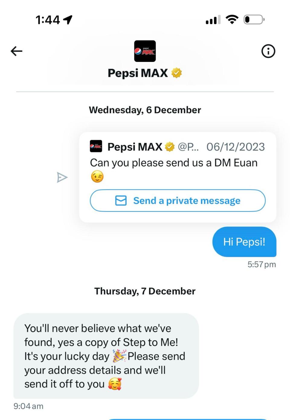 The Twitter/X exchange between Euan Robertson and Pepsi MAX. Photo released January 15 2024. See SWNS story SWNApepsi. A dad has successfully redeemed the promotional Pepsi ringpulls he collected in 1997 - and amazingly still received the limited edition Spice Girls CD. Euan Robertson, now 37, painstakingly collected 20 pink ringpulls from drink cans in the 90s but forgot to send them off in order to get single Step To Me. And nearly 27 years later he found them in an old box of Lego he pulled out of his parents house for his daughter, three. He jokingly tweeted Pepsi asking if they would still honour the promotion which at the time saw 600,000 fans collect ringpulls in exchange for the CD single. 
