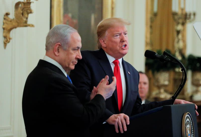 FILE PHOTO: U.S. President Trump and Israel's Prime Minister Netanyahu discuss Middle East peace proposal at White House in Washington