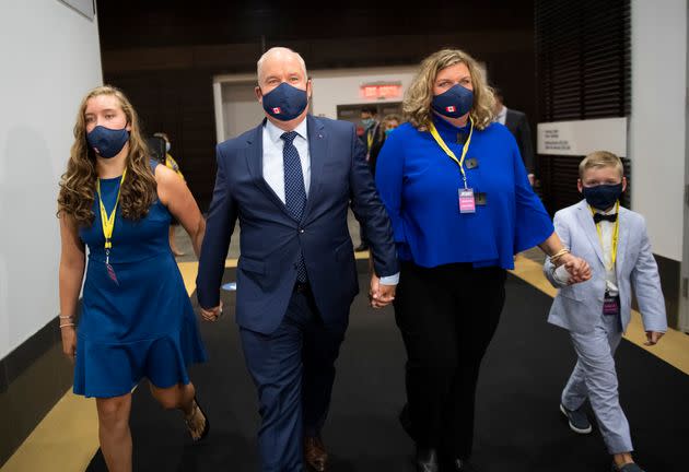 Erin O'Toole walks with his wife Rebecca, second right, daughter Mollie and son Jack, right, after being announced as the new leader of the Conservative Party of Canada in Ottawa, on Aug. 24, 2020.