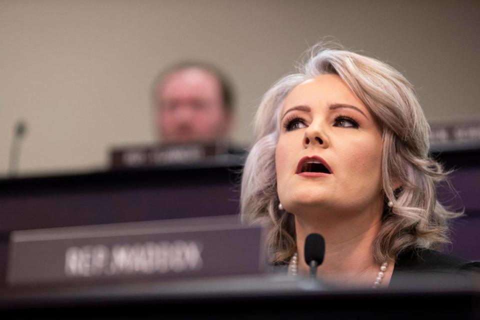 Rep. Savannah Maddox speaks about the CARR (Crisis Aversion and Rights Retention) bill during the Interim Joint Committee on Judiciary in Frankfort, Ky., Friday, December 15, 2023.