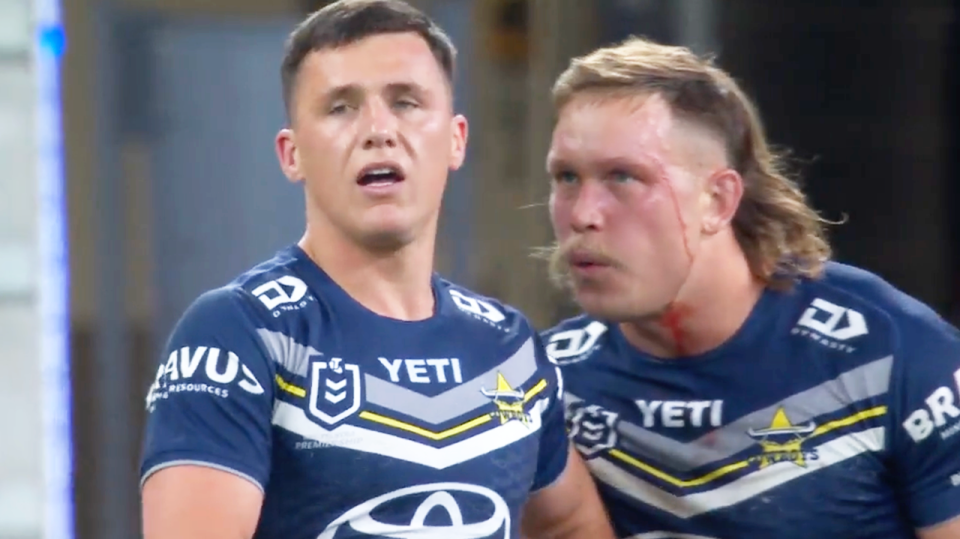 Scott Drinkwater (pictured left) and Reuben Cotter (pictured right) were involved in a bizarre moment during the Cowboys' loss to the Sharks. (Image: Fox Sports)