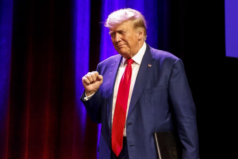 Former President Donald Trump arrives to speak at the 2023 Republican Party of Iowa Lincoln Dinner in Des Moines, Iowa, on Friday as he again seeks the GOP nomination for president. Photo by Tannen Maury/UPI