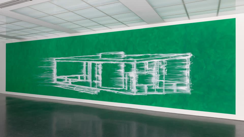 Simmons recreated this monumental painting of Philip Johnson's Glass House for the MCA Chicago's show, depicting a cornerstone of architecture with a dark history. - MCA Chicago