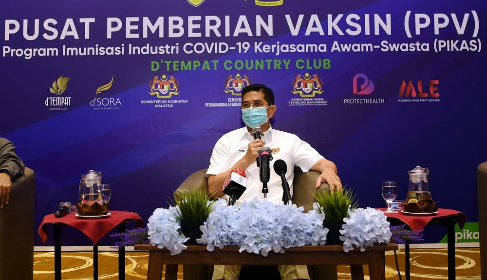 International Trade and Industry Minister Datuk Seri Mohamed Azmin Ali speaks during a press conference at Bandar Sri Sendayan in Seremban June 26, 2021. — Bernama pic