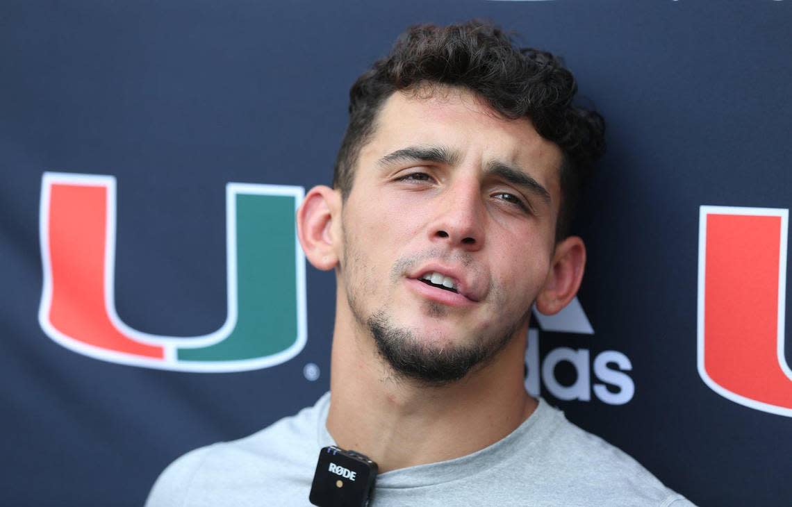 Miami Hurricanes wide receiver Xavier Restrepo speaks to reporters after practice at Greentree Practice Field at the University of Miami in Coral Gables on Saturday, August 6, 2022.