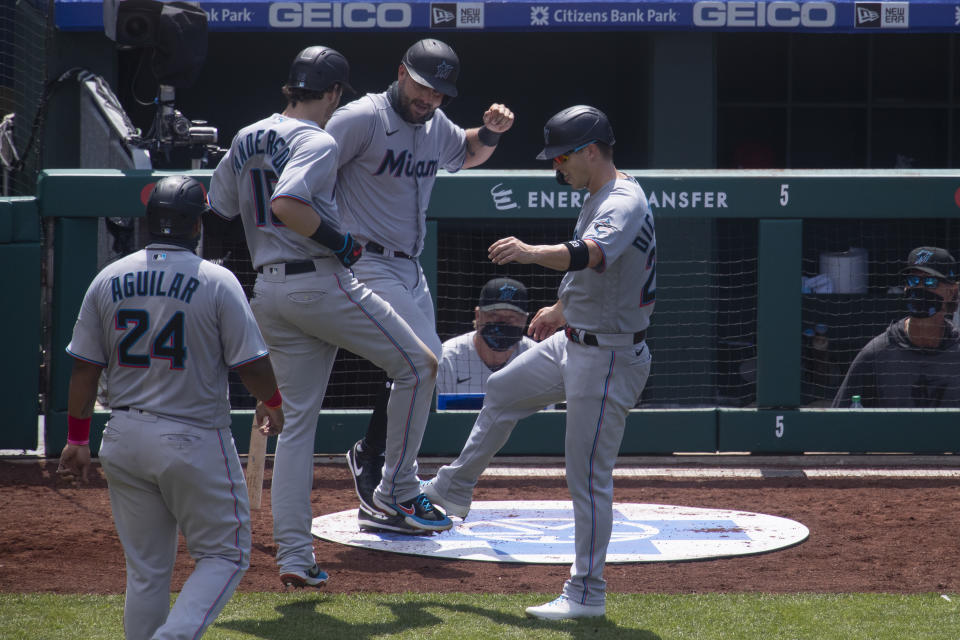 The Miami Marlins reportedly have 11 positive coronavirus tests after Sunday's game against the Phillies. (Photo by Mitchell Leff/Getty Images)