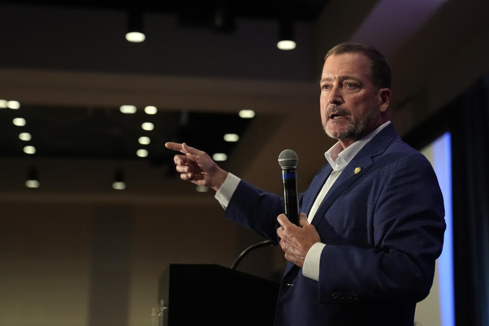 Rep. Chuck Goodrich speaks during a Lincoln Day Dinner, Thursday, May 2, 2024, in Noblesville, Ind. (AP Photo/Darron Cummings)