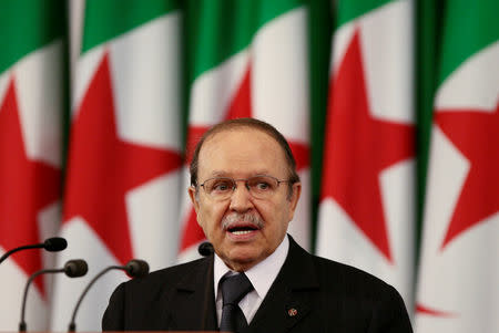 FILE PHOTO: Algerian President Abdelaziz Bouteflika delivers a speech during swearing-in ceremony after his re-election in Algiers, Algeria April 19, 2009. REUTERS/Zohra Bensemra/File Photo