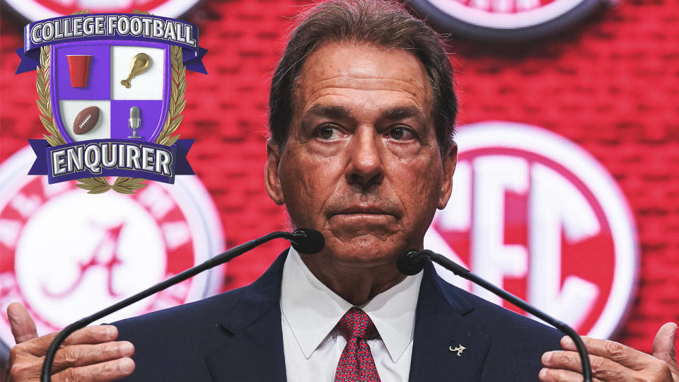 Alabama head coach Nick Saban speaks before the press at SEC Media days on Tuesday in Atlanta, Georgia. (Photo Credit: Dale Zanine-USA TODAY Sports)