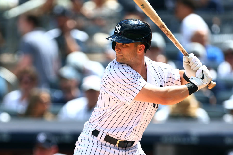 NEW YORK, NY - JULY 30: Andrew Benintendi #18 of the New York Yankees in action against the Kansas City Royals during a game at Yankee Stadium on July 30, 2022 in New York City.  (Photo by Rich Schultz/Getty Images)