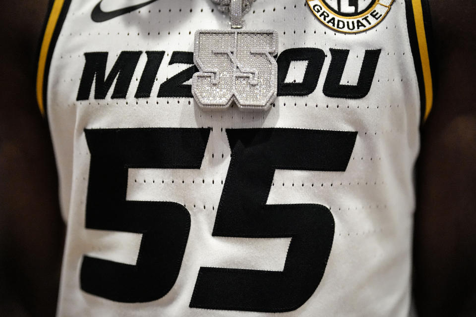 Missouri NCAA college basketball player Sean East waits to speak during Southeastern Conference Media Days, Wednesday, Oct. 18, 2023, in Birmingham, Ala. (AP Photo/Mike Stewart)