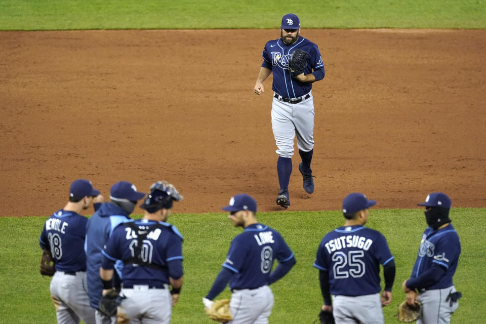 Tampa Bay Rays relief pitcher Andrew Kittredge comes into the game during the third inning of a baseball game against the Kansas City Royals Tuesday, April 20, 2021, in Kansas City, Mo. (AP Photo/Charlie Riedel)