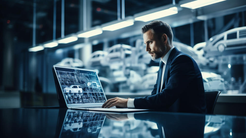 An engineer focused on a laptop, compiling data from a newly developed electric vehicle.