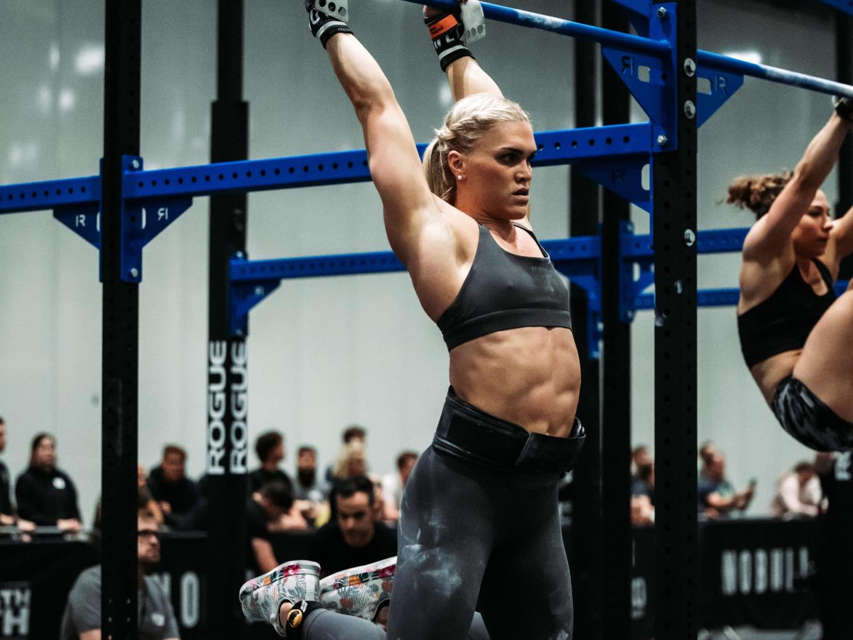 Katrin Davidsdottir competing at "Strength in Depth" in London in June 2022.