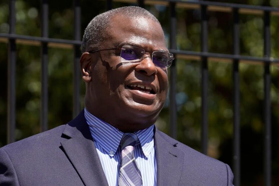 Michael Cox, who has been named as the next Boston police commissioner, faces reporters during a news conference, Wednesday, July 13, 2022, in Boston’s Roxbury neighborhood. (AP Photo/Steven Senne)