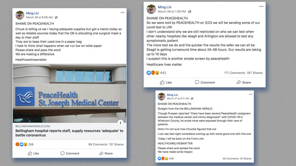 Facebook posts by physician Ming Lin criticizing St. Joseph Medical Center before he was terminated. (Photo: Ming Lin)