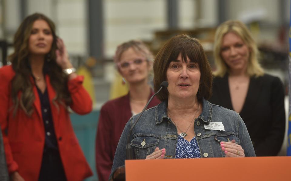 Marcia Hultman, the Secretary of the South Dakota Department of Labor and Regulation, speaks about the apprenticeship grant at Howe Inc. in Sioux Falls on Tuesday, April 25.