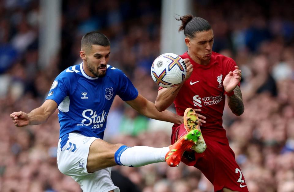 Everton's Conor Coady in action with Liverpool's Darwin Nunez (REUTERS)