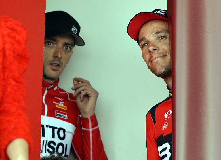 Belgium's Jelle Vanendert of Lotto-Belisol and Philippe Gilbert of BMC Racing Team, seen on the podium after the 49th edition of the 'Amstel Gold Race', in the Netherlands, 251,4 km from Maastricht to Valkenburg, on April 20, 2014