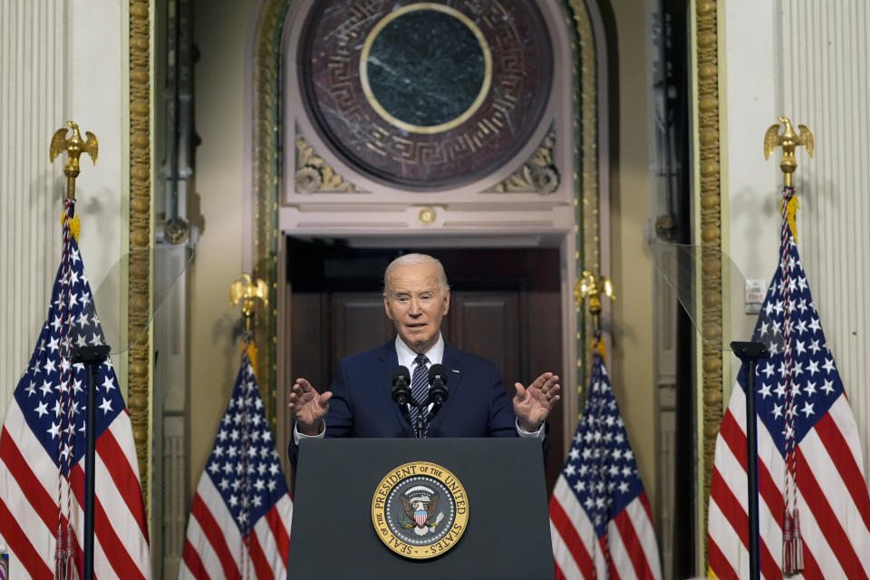 President Joe Biden speaks about lowering health care costs in the Indian Treaty Room at the Eisenhower Executive Office Building on the White House complex in Washington, Wednesday, April 3, 2024. (AP Photo/Mark Schiefelbein)