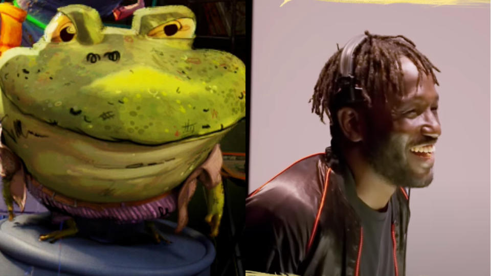 Genghis Frog and Hannibal Buress pictured side by side for Teenage Mutant Ninja Turtles: Mutant Mayhem.