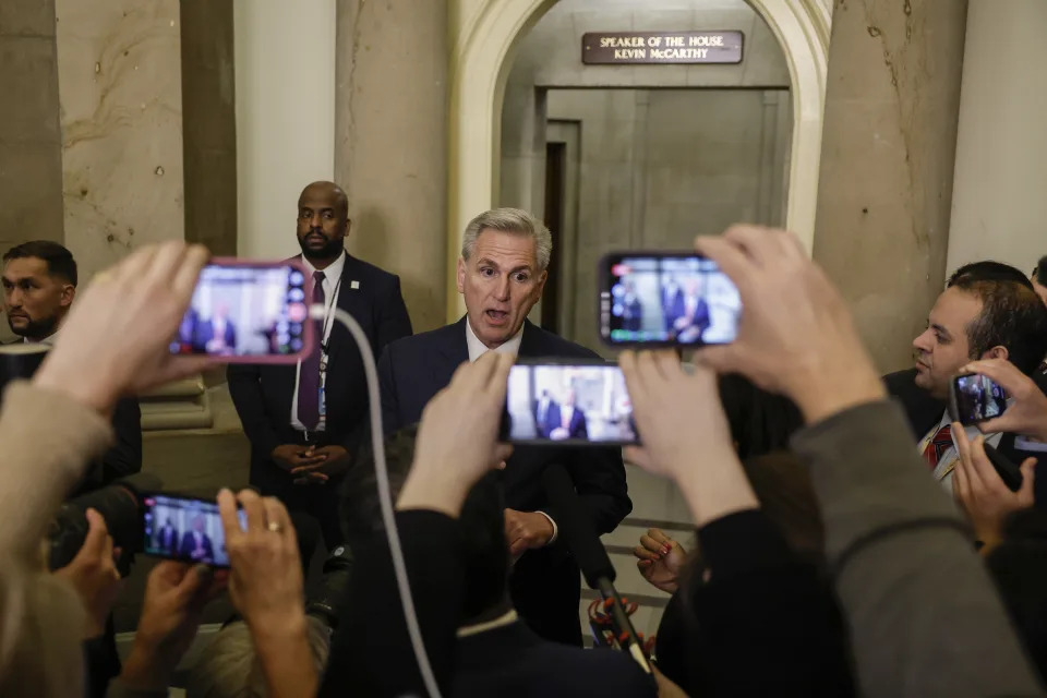 WASHINGTON, DC - MARCH 07: U.S. Speaker of the House Kevin McCarthy (R-CA) speaks to reporters outside of his office in the U.S. Capitol Building on March 07, 2023 in Washington, DC. Reporters asked McCarthy about the Fox News&#39; Tucker Carlson&#39;s recent coverage of the January 6, 2021 attack on the Capitol and the footage from security cameras that the Speaker released to the TV personality. (Photo by Anna Moneymaker/Getty Images)