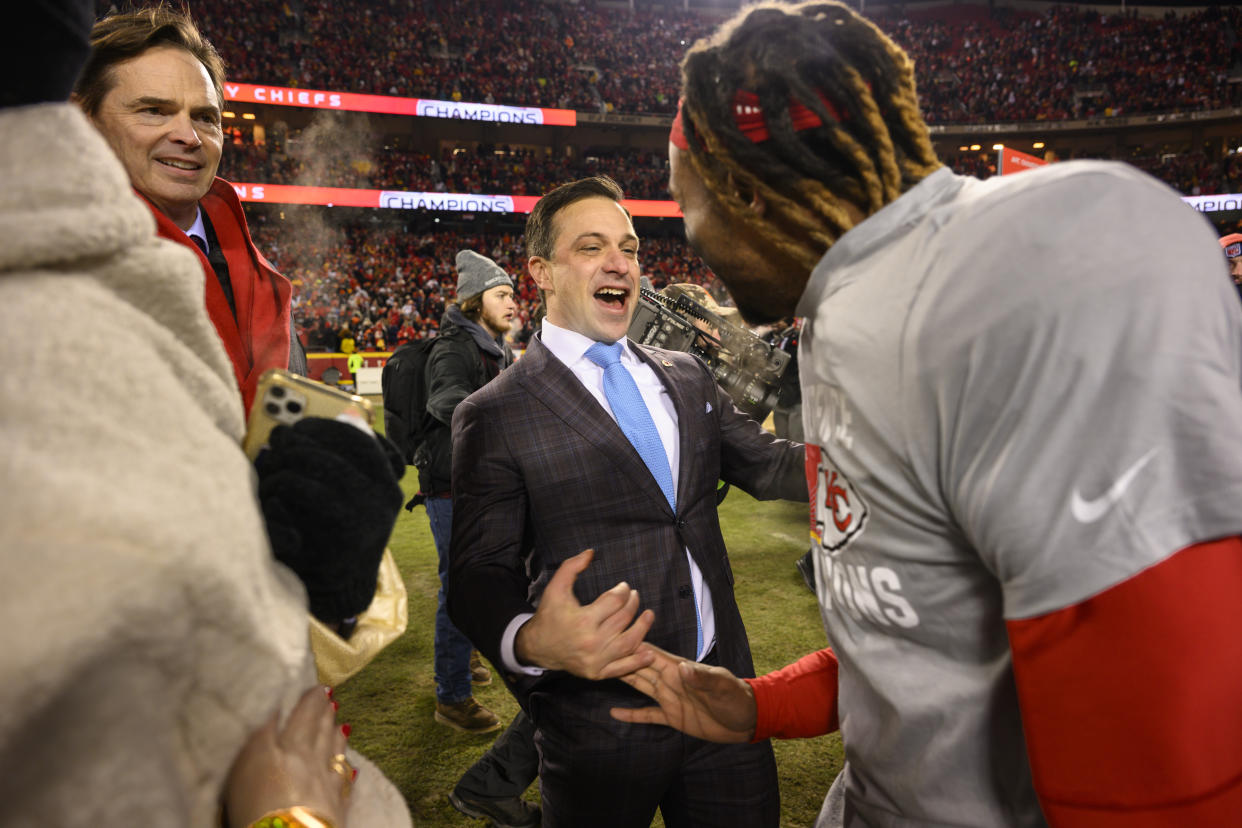 Kansas City Chiefs general manager Brett Veach (center) has found all kinds of hidden gems in recent drafts to help bolster the roster around Patrick Mahomes. (AP Photo/Reed Hoffmann)