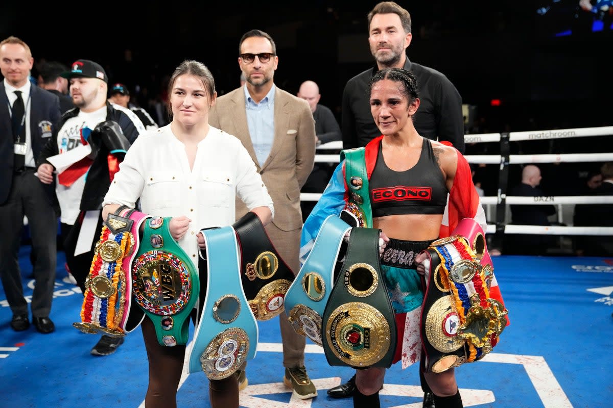 Katie Taylor (left) and Amanda Serrano will contest a rematch in Dublin in May (Frank Franklin/AP) (AP)