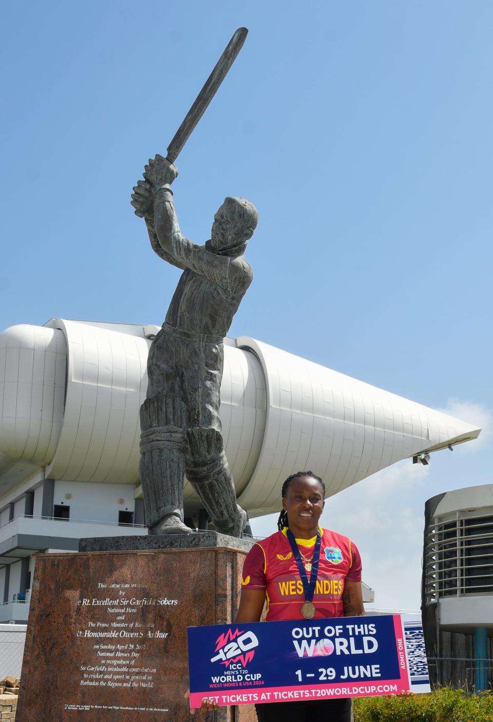 Shakera Selman of West Indies at the launch of the ICC Men’s T20 CWC tickets at Kensington Oval, Bridgetown, Barbados, on January 31, 2024.