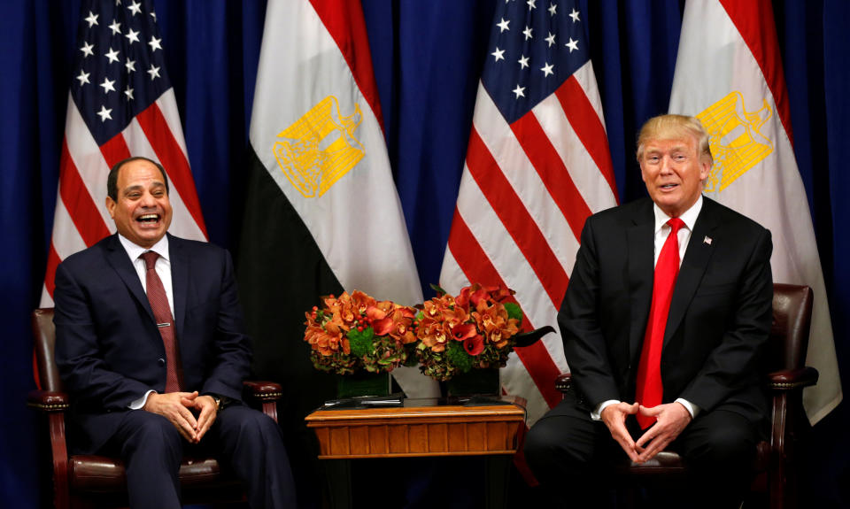 President Donald Trump&nbsp;meets&nbsp;with Egyptian President Abdel Fattah al-Sisi during the U.N. General Assembly in New York on Sept. 20, 2017. Earlier this year, Trump hosted the authoritarian&nbsp;leader&nbsp;at the White House,&nbsp;something President Obama had declined to do. (Photo: Kevin Lamarque / Reuters)