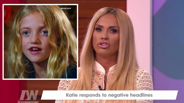 Katie Price defends photographs of her daughter Princess on ‘Loose Women’.