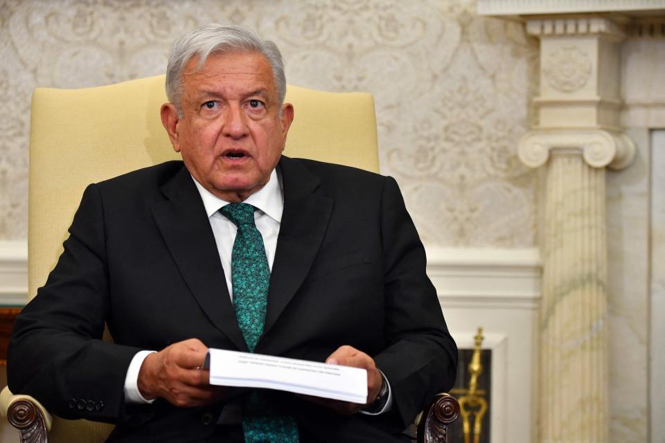 Mexican President Andres Manuel Lopez Obrador meets with US President Joe Biden in the Oval Office of the White House on July 12, 2022, in Washington, DC.