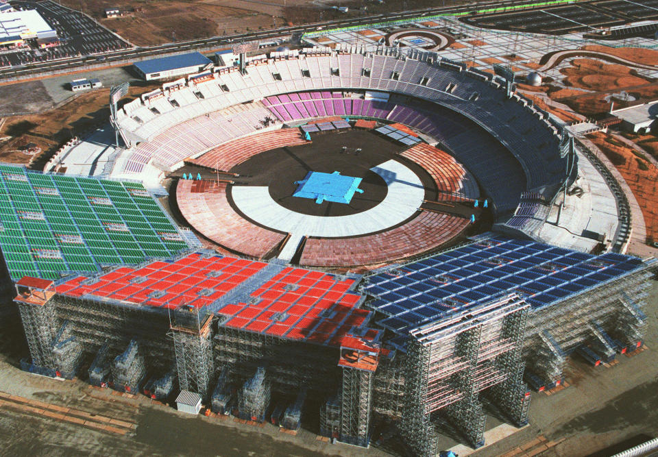 In this Dec. 1997 photo, the Olympic Stadium is seen, ahead of the 1998 Winter Olympics in Nagano, central Japan. The Olympic Stadium has been converted into a baseball stadium. Nagano doesn't have a professional team, though other teams play there on occasion. In Nagano, a city with a population of just 387,000, five large structures were built for the 1998 Winter Games. They remain in use, though many complain that the venues are too big and costly to maintain for the size of the town. (AP Photo/Kyodo News) JAPAN OUT