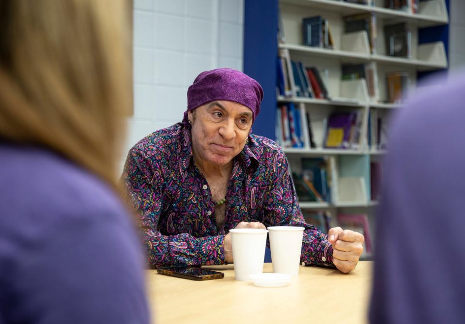 Musician and actor Steven Van Zandt visits the Dr. Martin Luther King Jr. Middle School in Asbury Park to talk about his Teach Rock leaning curriculum. Little Steven met with teachers and then dropped in to a few classrooms to meet the schools students.