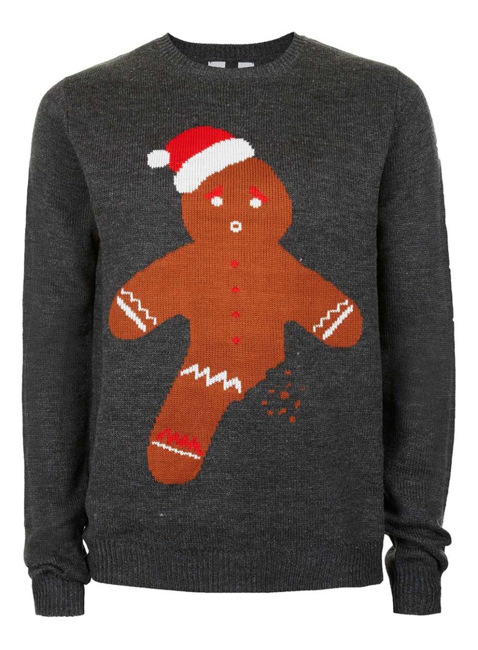 <p>£30,<a rel="nofollow noopener" href="http://www.topman.com/en/tmuk/product/grey-gingerbread-man-christmas-jumper-6047885?geoip=noredirect&cmpid=ppc_pla_UK_ip&utm_medium=cpc&istCompanyId=f672348a-d6e4-4226-9b15-389bccd91b1f&istItemId=xwpxmimiaw&istBid=tztx&gclid=CL344aKe3dACFSS17QodgXAJ_Q&gclsrc=aw.ds" target="_blank" data-ylk="slk:Topman;elm:context_link;itc:0;sec:content-canvas" class="link "> Topman </a></p>