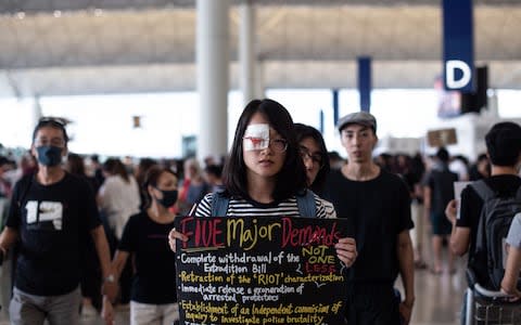 A pro-democracy protester holds a placard - Credit: &nbsp;PHILIP FONG/AFP