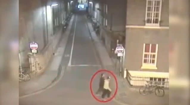 In a second clip tendered to the court, the two accused men were seen walking through Cambridge city following the alleged attack. Photo: Cambridgeshire Police/YouTube