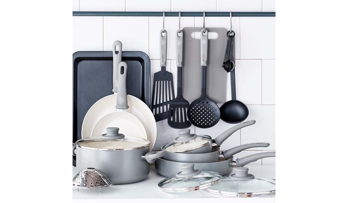 Not only do you get pots and pans in this set, you'll also get kitchen gadgets, tools and a cutting board. 