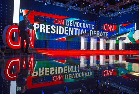 The stage is set for the first democratic presidential candidate debate to be held at the Wynn Hotel in Las Vegas, Nevada October 13, 2015. REUTERS/Mike Blake