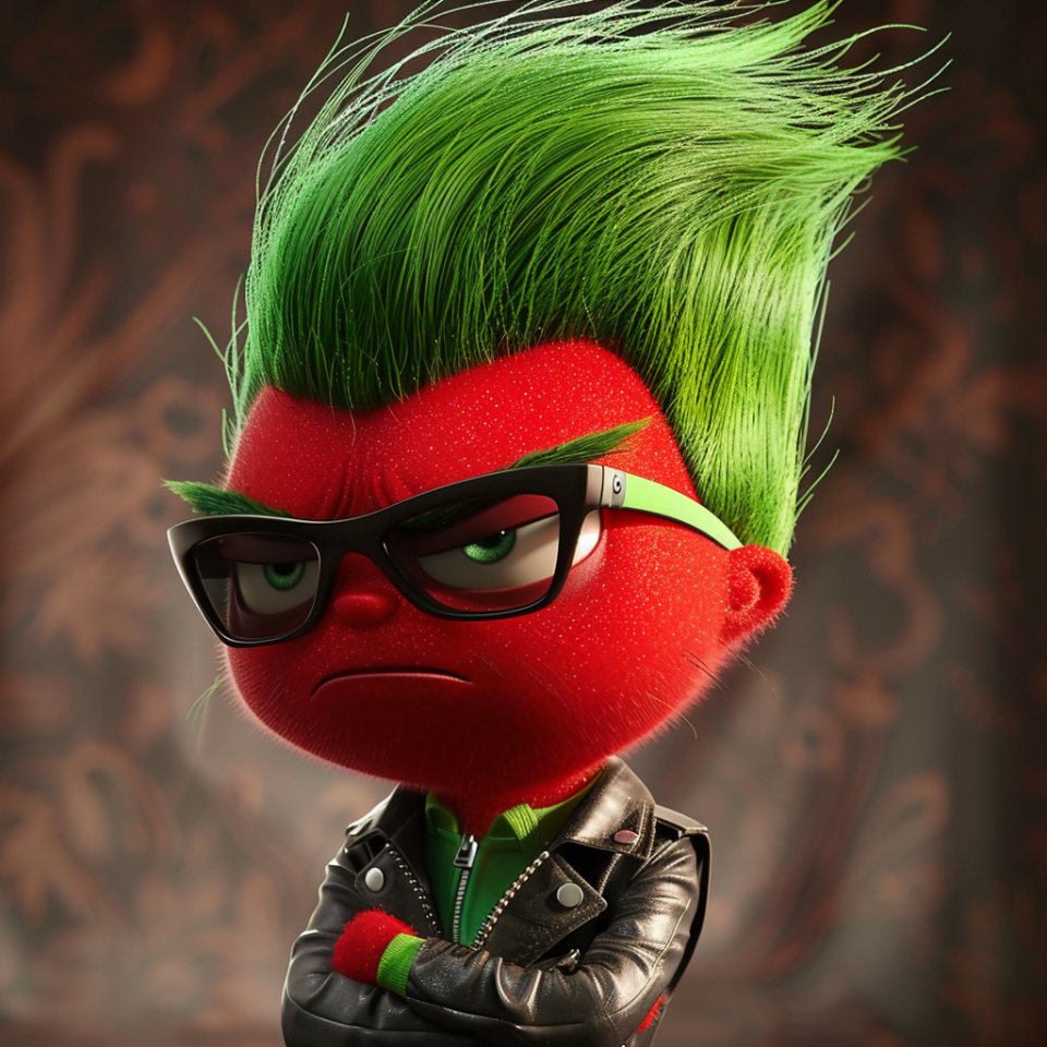 Animated character with green hair, black glasses, and a black leather jacket crossing arms and looking serious