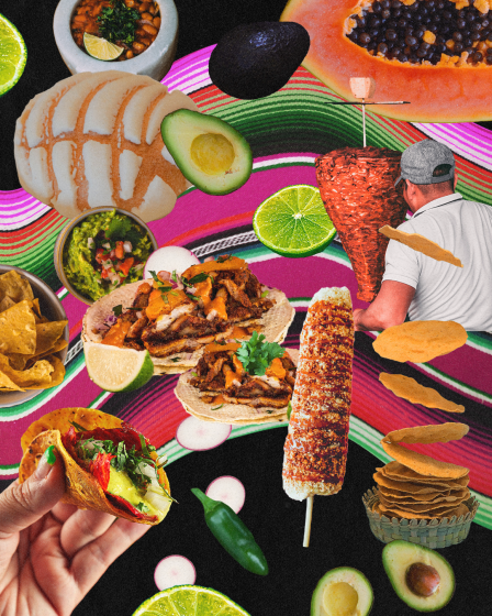 Images of a concha, avocado, lime, tortillas, tacos