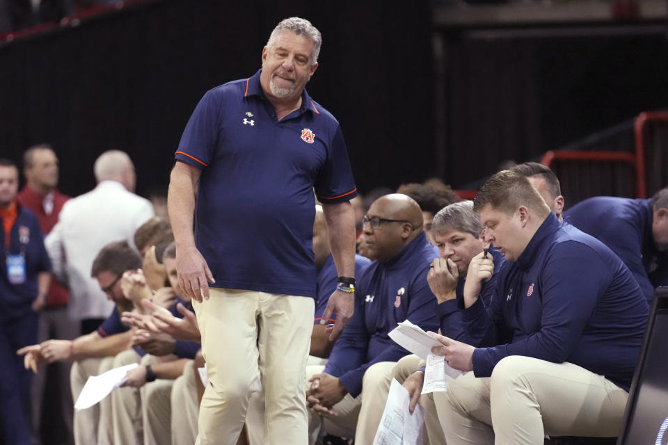 Auburn coach Bruce Pearl reacts near the bench during the second half of the team's first-round college basketball game against Yale in the men's NCAA Tournament in Spokane, Wash., Friday, March 22, 2024. (AP Photo/Ted S. Warren)
