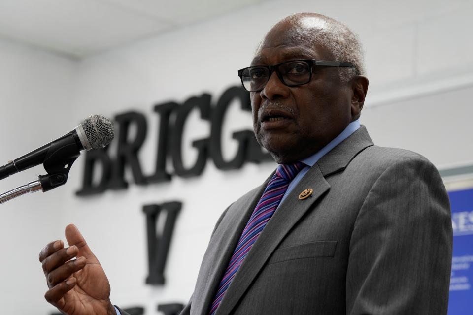 House Majority Whip Jim Clyburn speaks during a news conference with Interior Secretary Deb Haaland on Tuesday, Sept. 27, 2022, in Summerton, S.C. Haaland was in South Carolina to visit two schools where litigation over segregation led to the Supreme Court's historic Brown v. Board decision in 1954 declaring segregated schools unconstitutional. (AP Photo/Meg Kinnard)