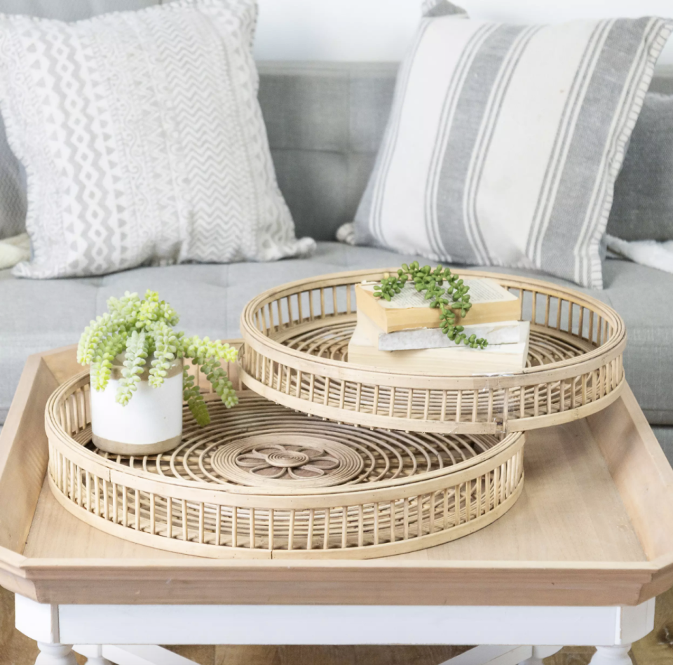 Natural Round Rattan Trays, Set of 2