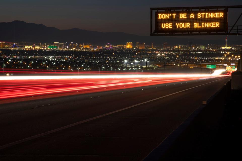 A Nevada Department of Transportation roadside safety message saying: "Don't be a stinker, use your blinker."