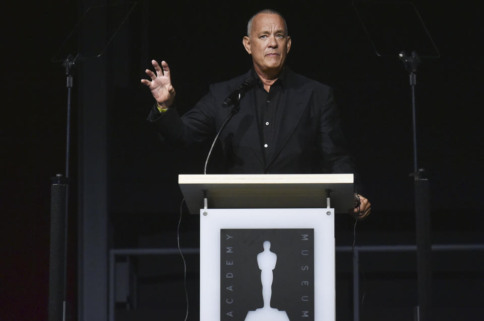 Tom Hanks speaks at a press conference for the opening of the Academy Museum on Tuesday, Sept. 21, 2021, in Los Angeles. (Photo by Richard Shotwell/Invision/AP)