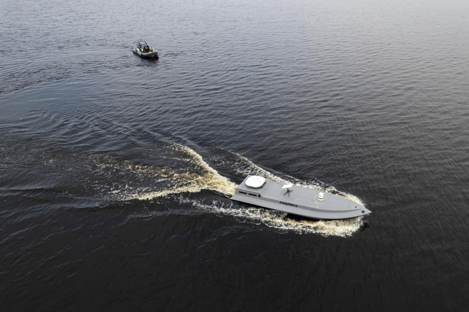 FILE - A sea drone cruises on the water during a presentation by Ukraine's Security Service in Kyiv region, Ukraine, on Tuesday, March 5, 2024. (AP Photo/Evgeniy Maloletka, File)